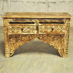 Indian Carved Cream Console Table With 2 Drawer