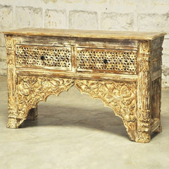 Indian Carved Cream Console Table With 2 Drawer