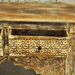 Indian Carved Cream Console Table With 2 Drawer