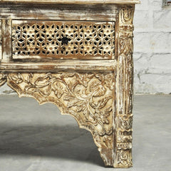 Indian Carved Cream Console Table With 2 Drawer