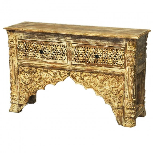 Indian Carved Cream Console Table With 2 Drawer