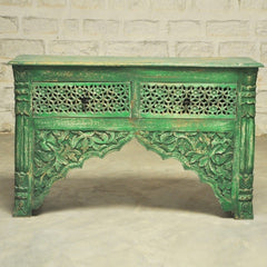 Indian Carved Green Console Table With 2 Drawer