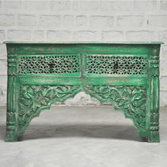 Indian Carved Green Console Table With 2 Drawer