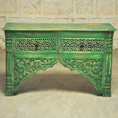 Indian Carved Green Console Table With 2 Drawer