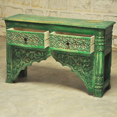 Indian Carved Green Console Table With 2 Drawer