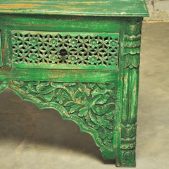 Indian Carved Green Console Table With 2 Drawer