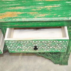 Indian Carved Green Console Table With 2 Drawer