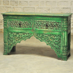 Indian Carved Green Console Table With 2 Drawer