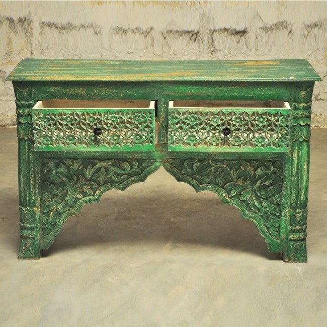 Indian Carved Green Console Table With 2 Drawer