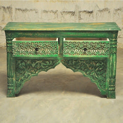 Indian Carved Green Console Table With 2 Drawer