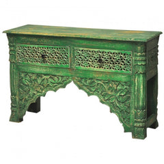 Indian Carved Green Console Table With 2 Drawer