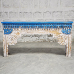 Antique Indian Hand Carved White Blue Console Hall Table