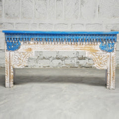 Antique Indian Hand Carved White Blue Console Hall Table