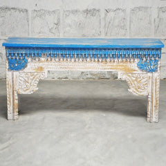 Antique Indian Hand Carved White Blue Console Hall Table