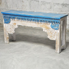 Antique Indian Hand Carved White Blue Console Hall Table