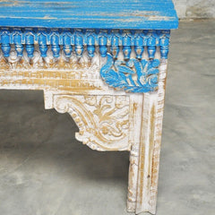 Antique Indian Hand Carved White Blue Console Hall Table