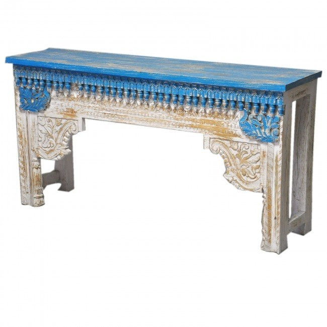 Antique Indian Hand Carved White Blue Console Hall Table