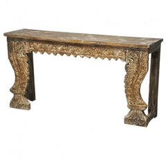 Indian Antique Carved Pillar WhiteWash Console Table