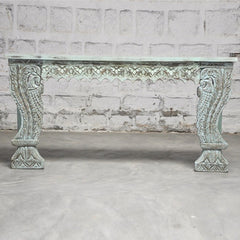 Indian Antique Carved Pillar Green Console Table