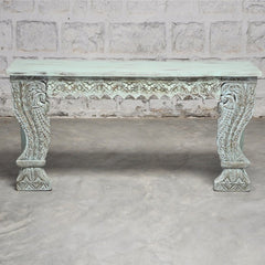 Indian Antique Carved Pillar Green Console Table