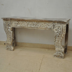 Indian Antique Carved Pillar Console Table WhiteWash