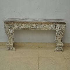 Indian Antique Carved Pillar Console Table WhiteWash