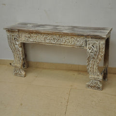 Indian Antique Carved Pillar Console Table WhiteWash