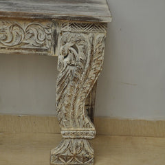 Indian Antique Carved Pillar Console Table WhiteWash