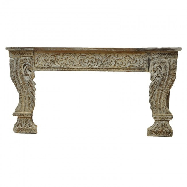 Indian Antique Carved Pillar Console Table WhiteWash