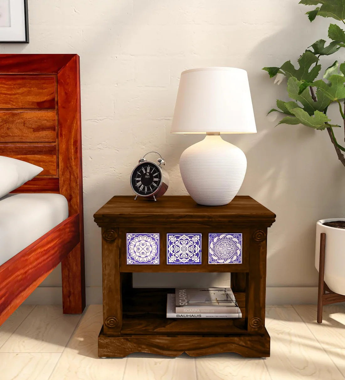 Moroccan Mosaic Mango Wood Bedside Table In Scratch Resistant Provincial Teak Finish