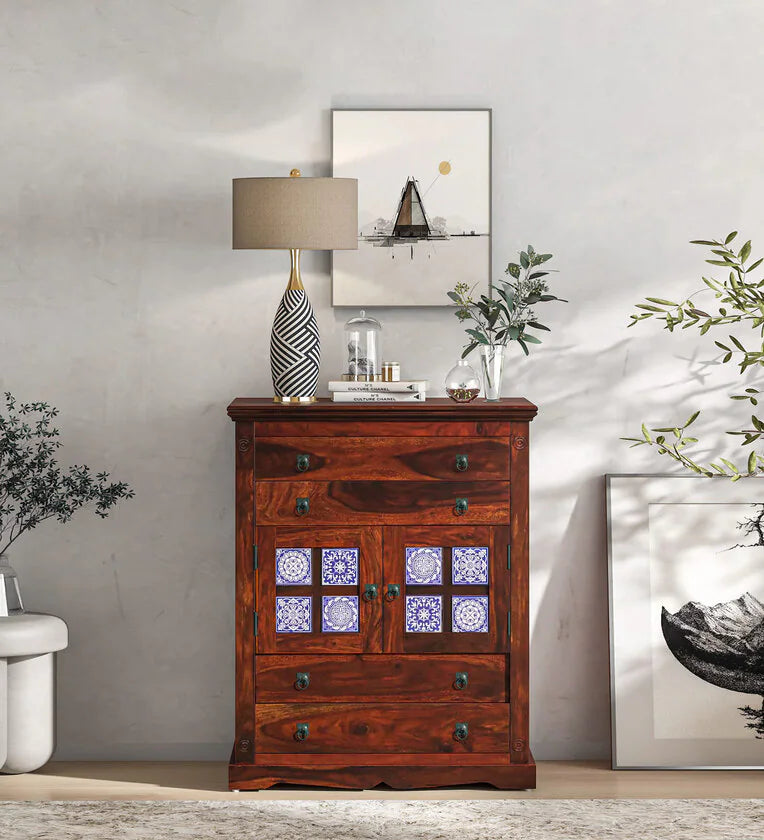 Moroccan Mosaic Mango Wood Chest Of Drawers In Honey Oak Finish