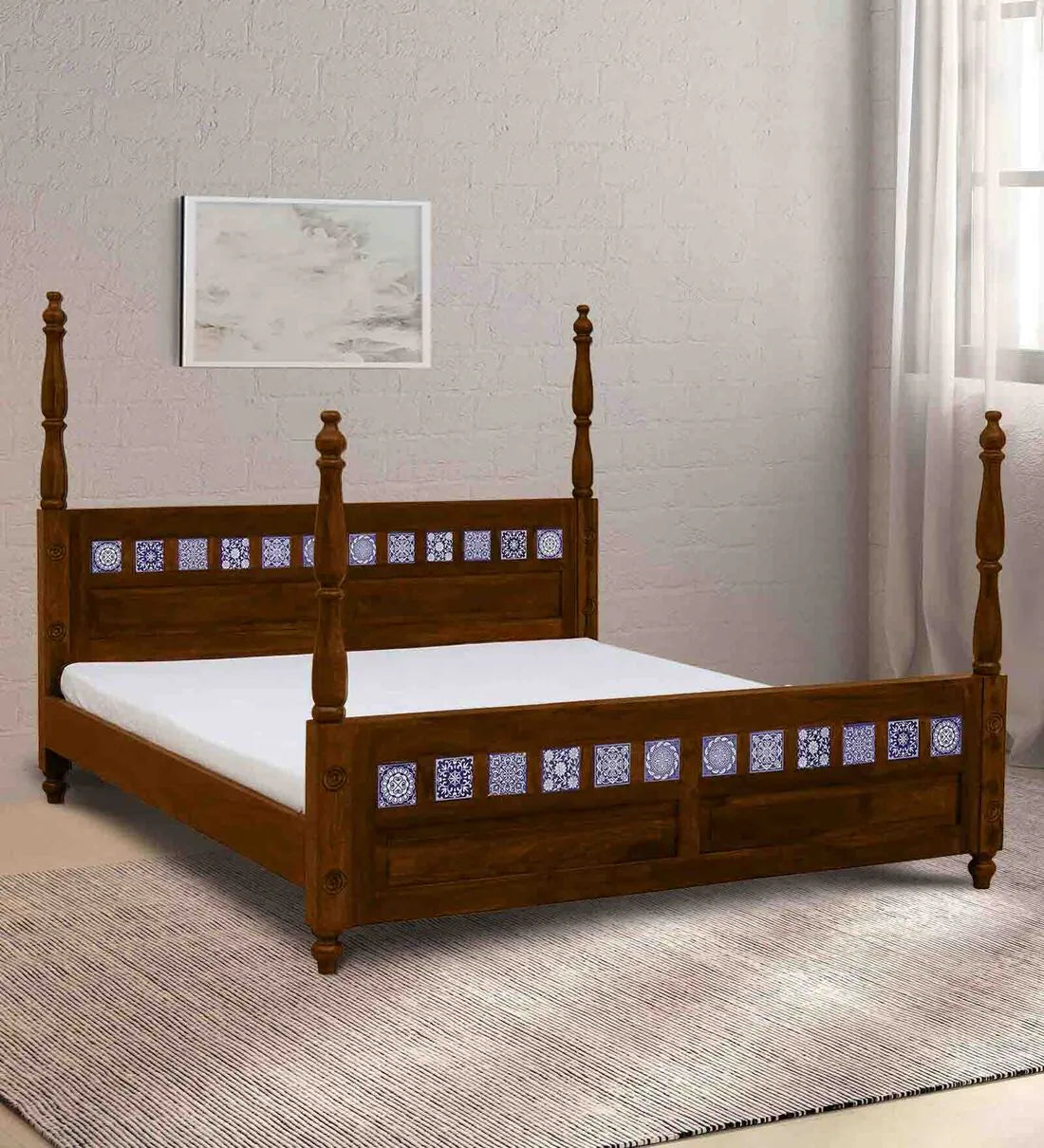 Moroccan Mosaic Mango Wood King Size Poster Bed in Scratch Resistant Provincial Teak Finish