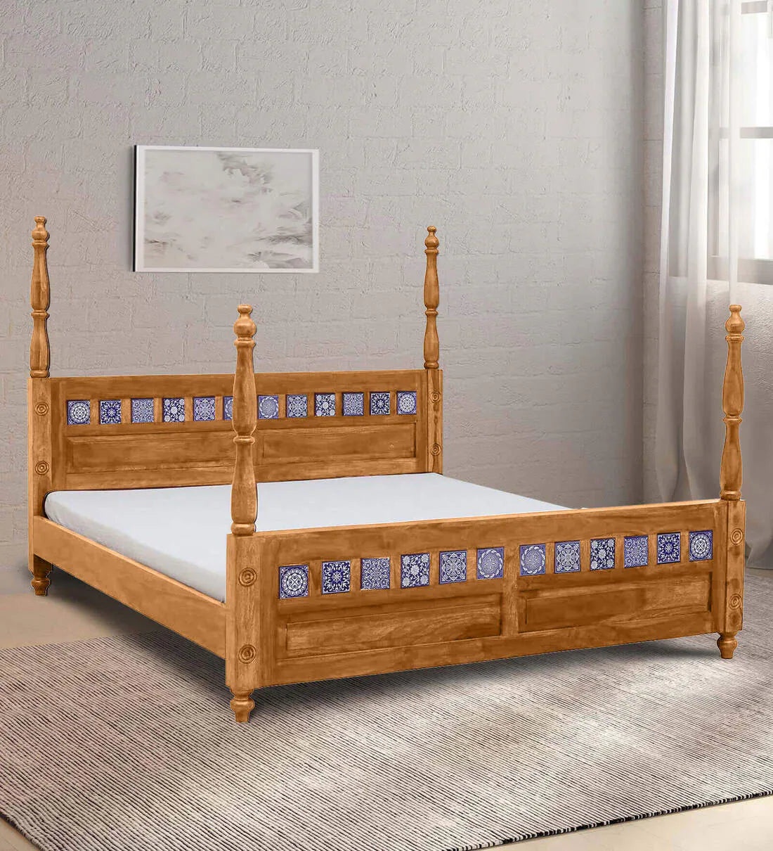 Moroccan Mosaic Mango Wood King Size Poster Bed in Scratch Resistant Rustic Teak Finish