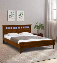 Moroccan Mosaic Mango Wood Queen Size Bed In Scratch Resistant Provincial Teak Finish with Tiles on Footrest