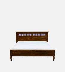 Moroccan Mosaic Mango Wood Queen Size Bed In Scratch Resistant Provincial Teak Finish with Tiles on Footrest