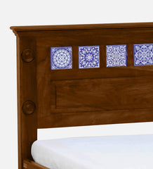 Moroccan Mosaic Mango Wood Queen Size Bed In Scratch Resistant Provincial Teak Finish with Tiles on Footrest