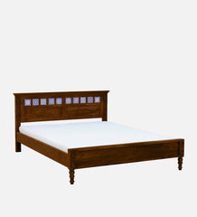 Moroccan Mosaic Mango Wood Queen Size Bed In Scratch Resistant Provincial Teak Finish with Tiles on Footrest