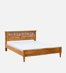 Moroccan Mosaic Mango Wood Queen Size Bed In Scratch Resistant Rustic Teak Finish with Tiles on Footrest