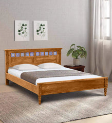 Moroccan Mosaic Mango Wood Queen Size Bed In Scratch Resistant Rustic Teak Finish with Tiles on Footrest