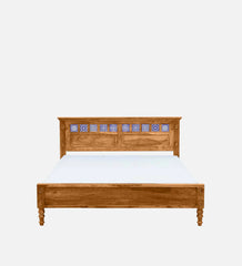 Moroccan Mosaic Mango Wood Queen Size Bed In Scratch Resistant Rustic Teak Finish with Tiles on Footrest