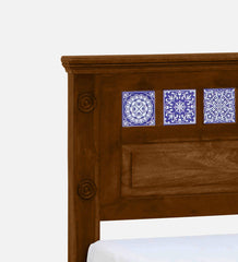 Moroccan Mosaic Mango Wood Queen Size Bed In Scratch Resistant Provincial Teak Finish with Tiles on Footrest