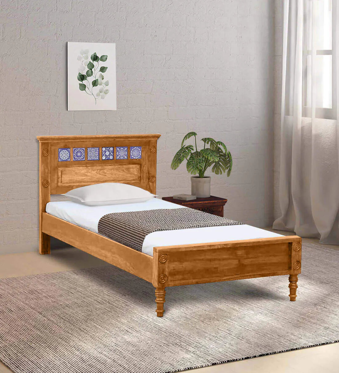 Moroccan Mosaic Mango Wood Single Bed In Scratch Resistant Rustic Teak Finish