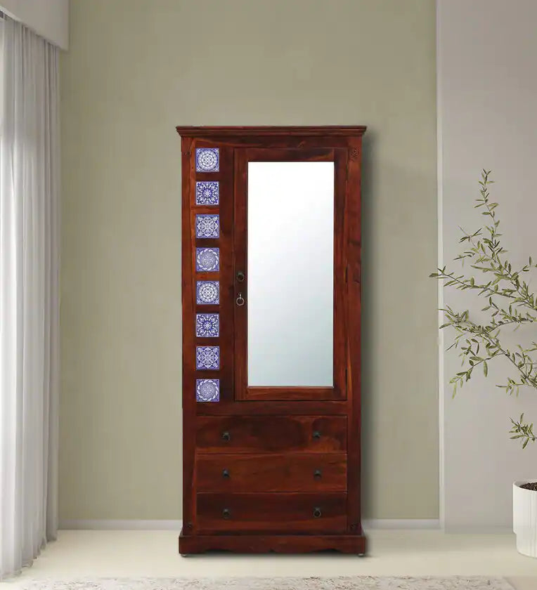 Moroccan Mosaic Handmade Mango Wood 1 Door Wardrobe In Honey Oak Finish