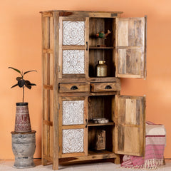 a wooden shelf filled with lots of vases 