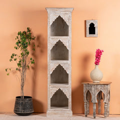 Mehrab Solid Mango Wood Indian Hand Carved Bookshelf Whitewash 50x40x180cm  -  