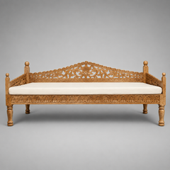 Large hand carved Indian wooden daybed with floral backrest in natural timber