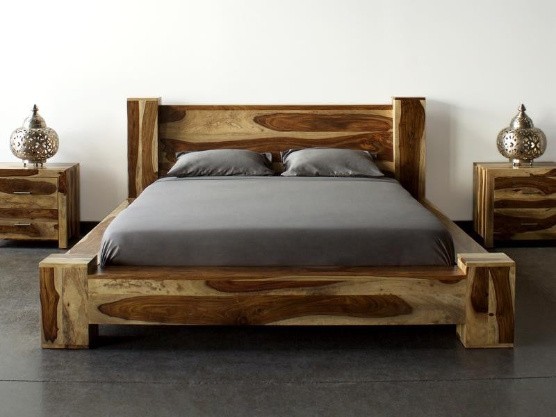 Solid Wood Indian King Size Bed With Box Spring Natural