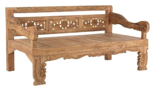 Indian Furniture Hand Carved Solid Hard Wood Bench in Natural