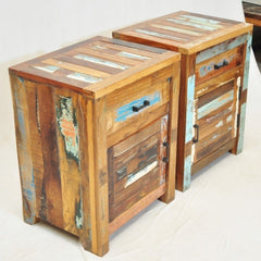 NIRVANA Reclaimed timber Pair of Bedside cabinet lamp tables 45x40x65 cm