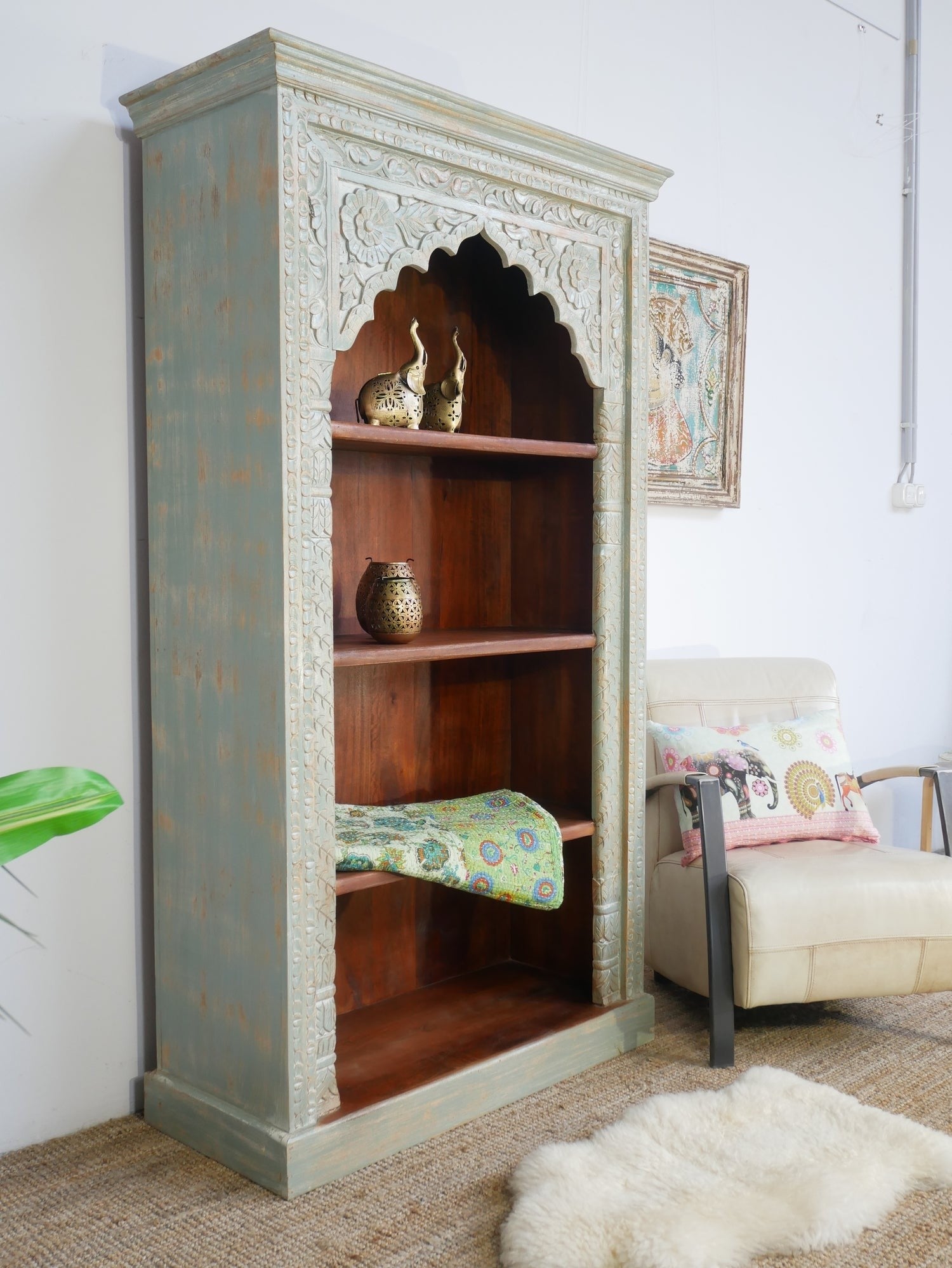 Mehrab Solid Mango Wood Indian Hand Carved Bookshelf Antique style Painted  -  